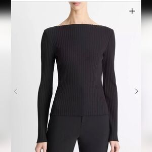 Vince Ribbed Cotton-Blend Slash-Neck Long-Sleeve Top L